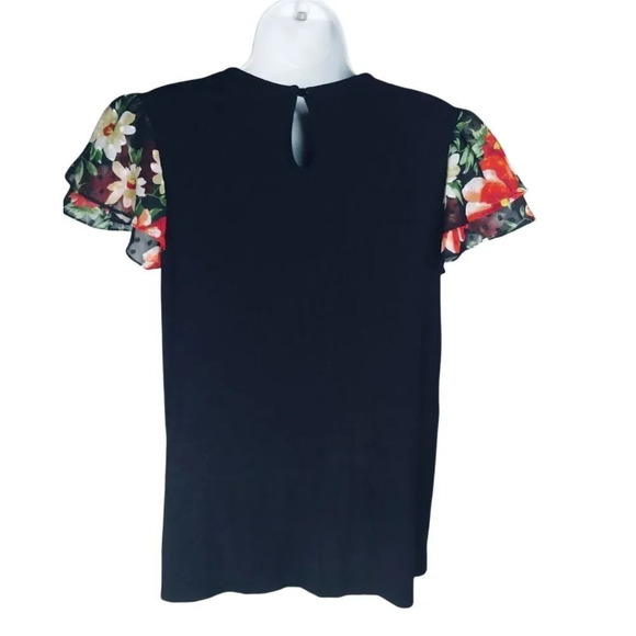 Faith and  Joy by Mondeau Top Layered Ruffle Capped Sleeves Floral Black M - Picture 7 of 8